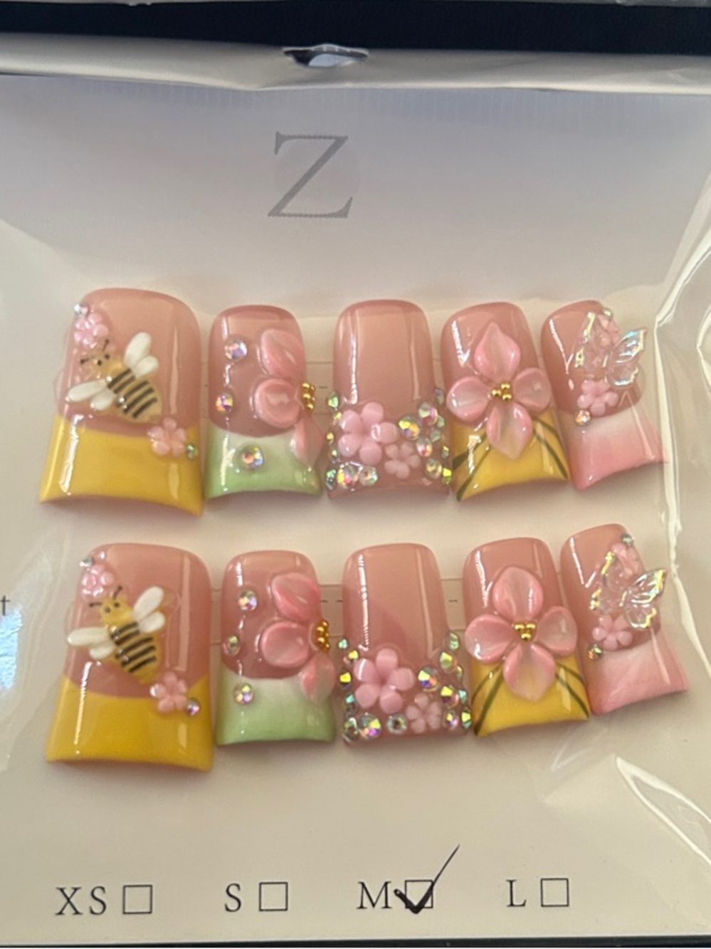 Handcrafted 3D Floral Press-On Nails in Pink, Yellow & Green